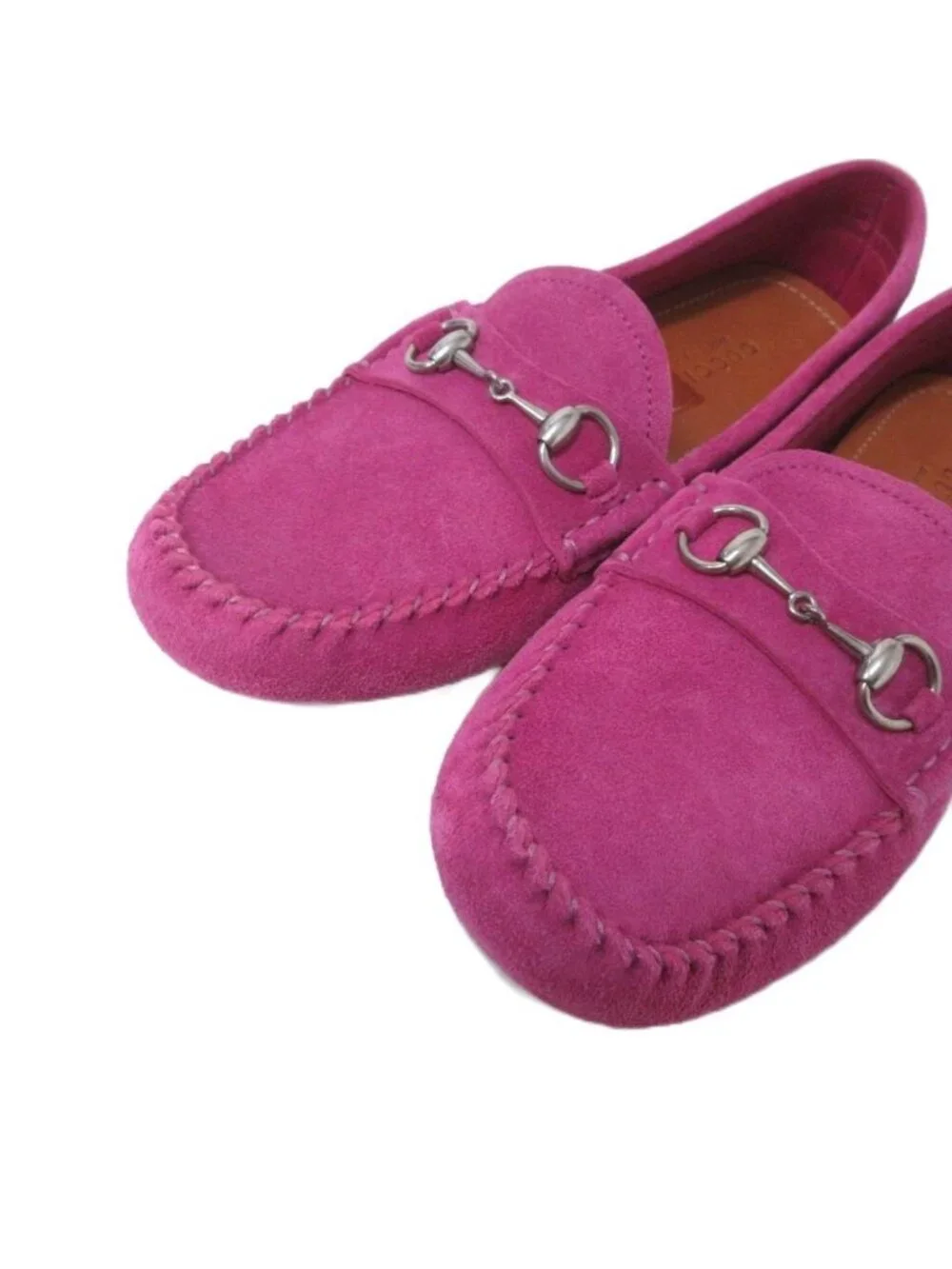 Gucci Horsebit Loafers Driving Shoes Suede Stitch Design Pink